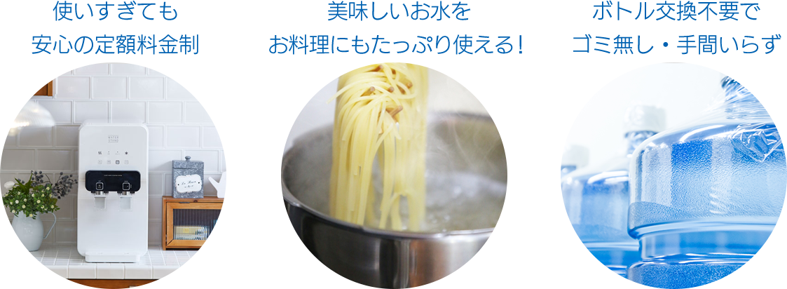 ウォータースタンドの特徴　使いすぎても安心の定額料金制！美味しいお水をお料理にもたっぷり使える！ボトル交換不要でゴミ無し・手間いらず